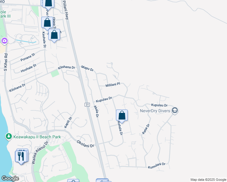 map of restaurants, bars, coffee shops, grocery stores, and more near 539 Kupulau Drive in Kihei