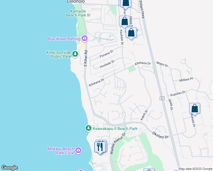 map of restaurants, bars, coffee shops, grocery stores, and more near 102 Waaula Place in Kihei