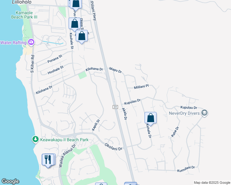 map of restaurants, bars, coffee shops, grocery stores, and more near 3160 Akala Drive in Kihei