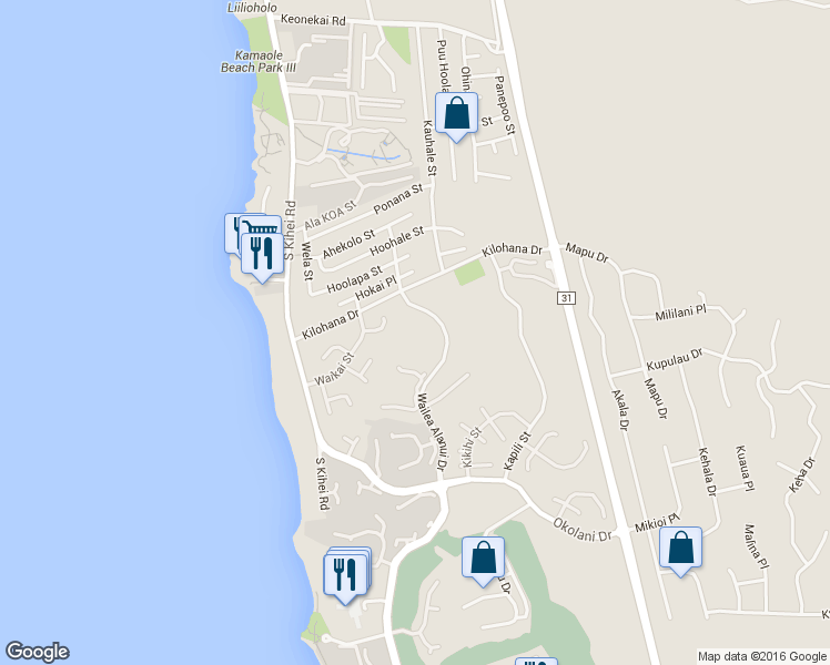 map of restaurants, bars, coffee shops, grocery stores, and more near 3100 Wailea Alanui Drive in Kihei