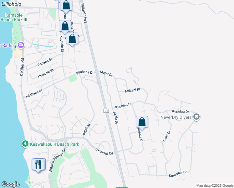 map of restaurants, bars, coffee shops, grocery stores, and more near 3184 Mapu Drive in Kihei