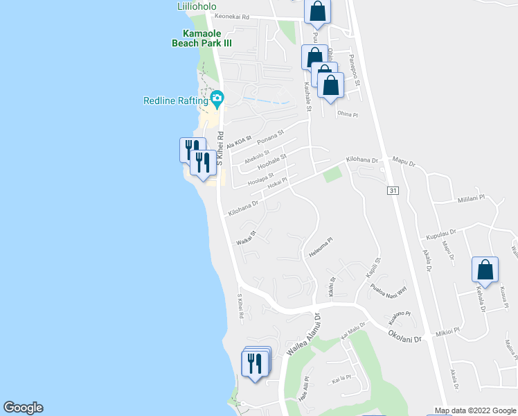 map of restaurants, bars, coffee shops, grocery stores, and more near 121 Waikai Street in Kihei