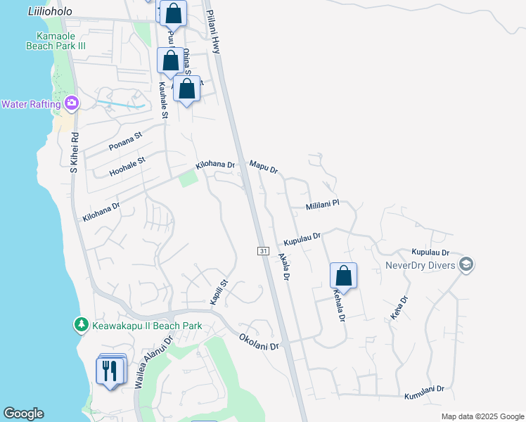 map of restaurants, bars, coffee shops, grocery stores, and more near 3140 Akala Drive in Kihei