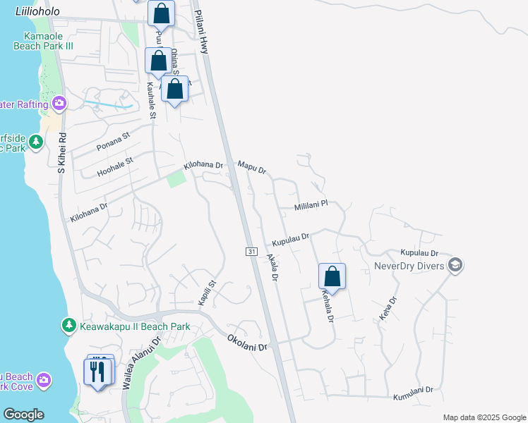 map of restaurants, bars, coffee shops, grocery stores, and more near 3149 Akala Drive in Kihei