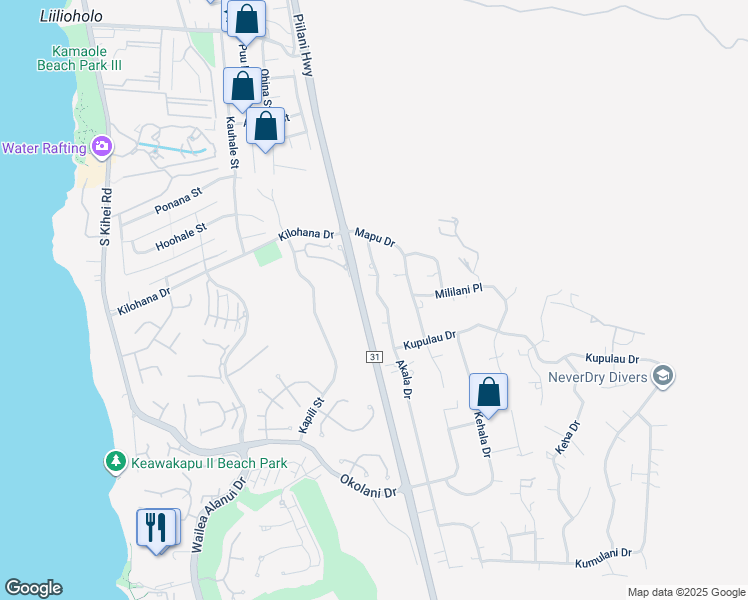map of restaurants, bars, coffee shops, grocery stores, and more near 3140 Akala Drive in Kihei