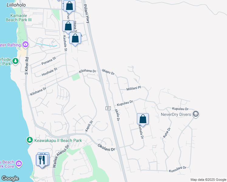 map of restaurants, bars, coffee shops, grocery stores, and more near 3149 Akala Drive in Kihei