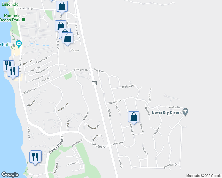 map of restaurants, bars, coffee shops, grocery stores, and more near 3184A Mapu Drive in Kihei