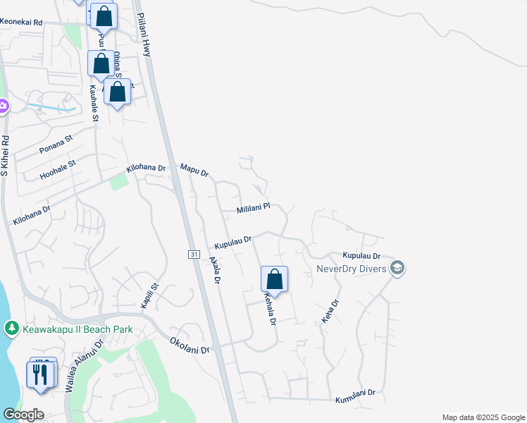 map of restaurants, bars, coffee shops, grocery stores, and more near 556 Mililani Place in Kihei