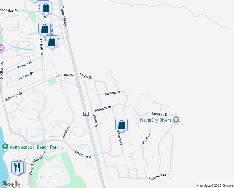 map of restaurants, bars, coffee shops, grocery stores, and more near 556 Mililani Place in Kihei