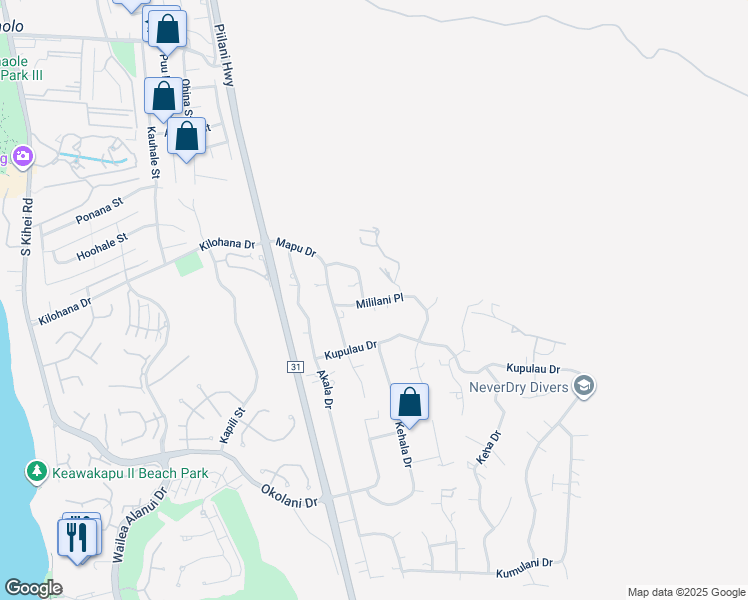 map of restaurants, bars, coffee shops, grocery stores, and more near 529 Mililani Place in Kihei