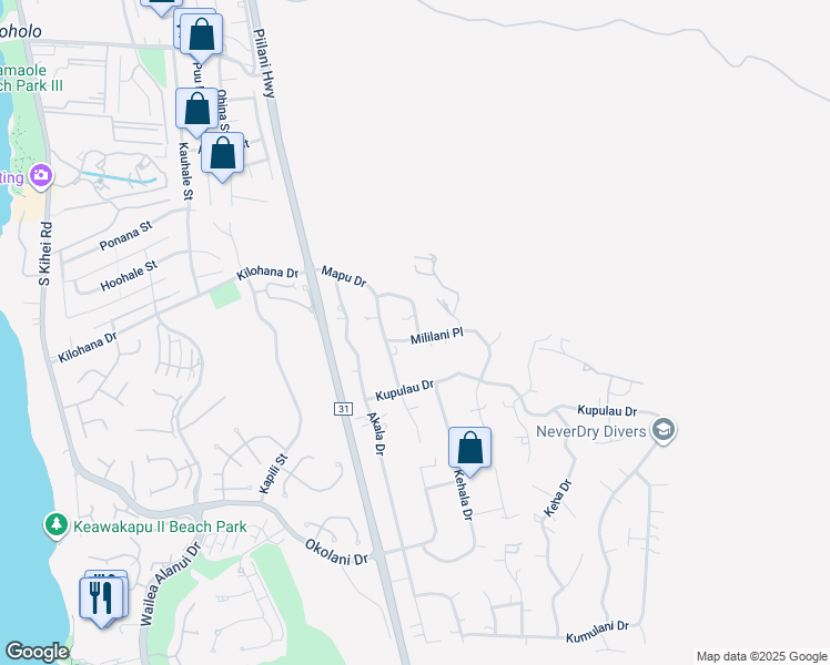 map of restaurants, bars, coffee shops, grocery stores, and more near 3202 Hoomua Drive in Kihei