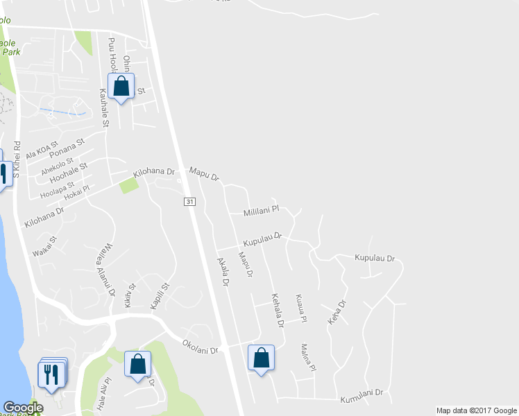map of restaurants, bars, coffee shops, grocery stores, and more near 529 Mililani Place in Kihei