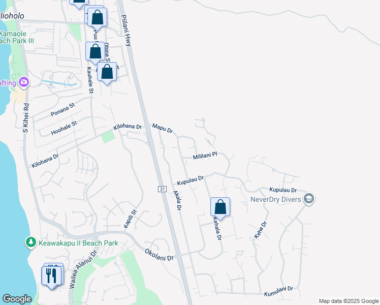 map of restaurants, bars, coffee shops, grocery stores, and more near 497 Mililani Place in Kihei