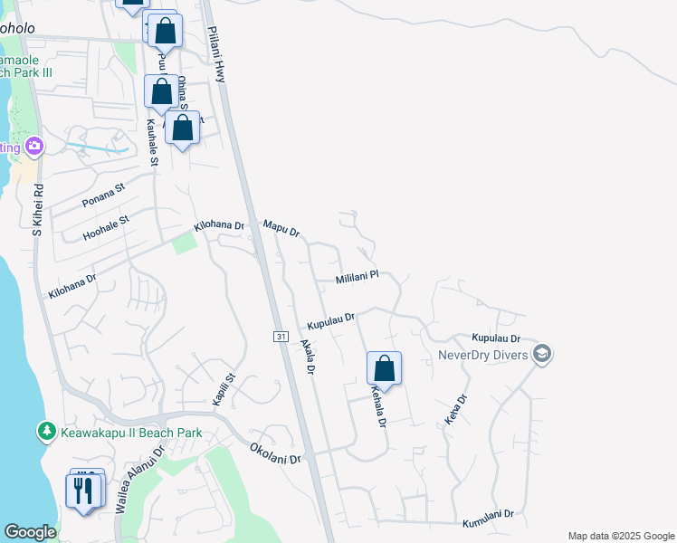 map of restaurants, bars, coffee shops, grocery stores, and more near 3202 Hoomua Drive in Kihei