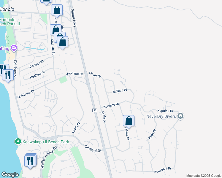 map of restaurants, bars, coffee shops, grocery stores, and more near 497 Mililani Place in Kihei