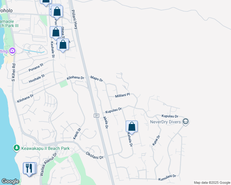 map of restaurants, bars, coffee shops, grocery stores, and more near 3202 Hoomua Drive in Kihei
