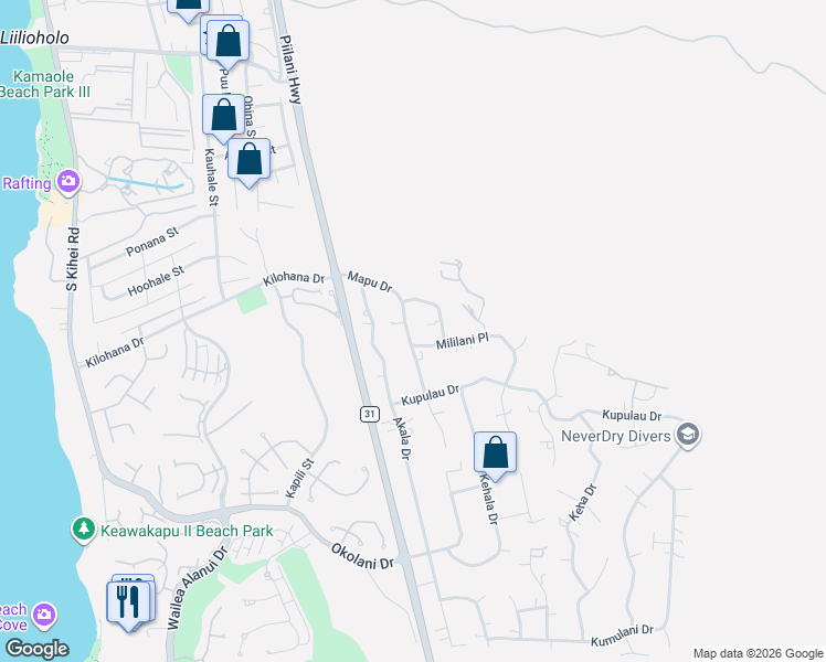 map of restaurants, bars, coffee shops, grocery stores, and more near 3129 Mapu Drive in Kihei