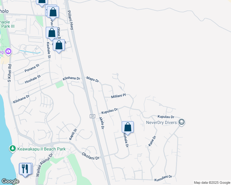 map of restaurants, bars, coffee shops, grocery stores, and more near 3199 Hoomua Drive in Kihei