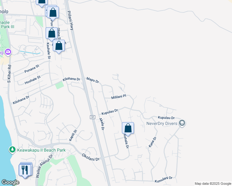 map of restaurants, bars, coffee shops, grocery stores, and more near 3199 Hoomua Drive in Kihei