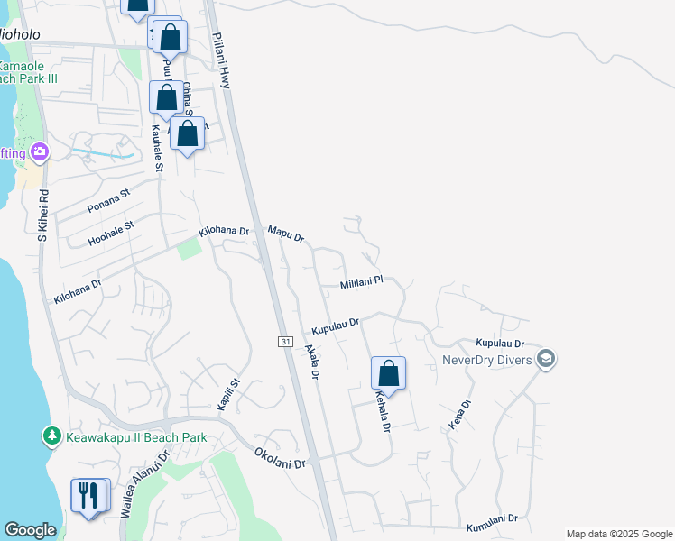 map of restaurants, bars, coffee shops, grocery stores, and more near 3188 Hoomua Drive in Kihei