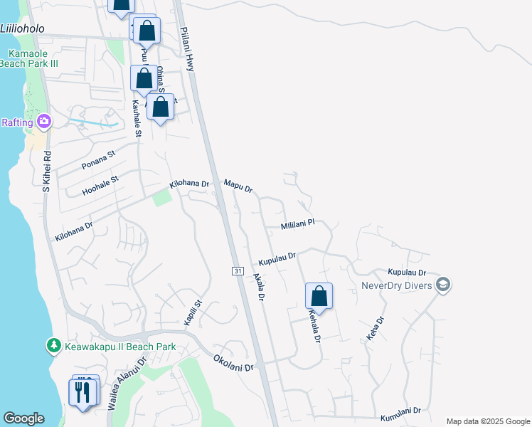 map of restaurants, bars, coffee shops, grocery stores, and more near 3129 Mapu Drive in Kihei