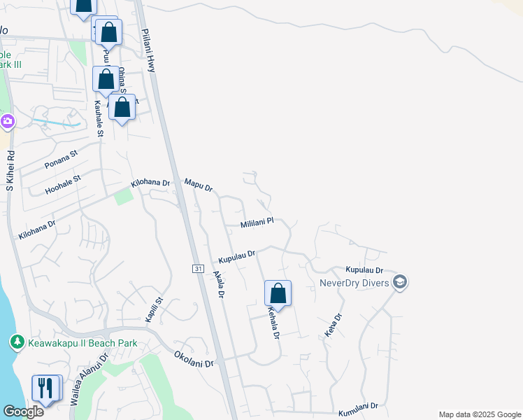 map of restaurants, bars, coffee shops, grocery stores, and more near 3136 Makamae Place in Kihei