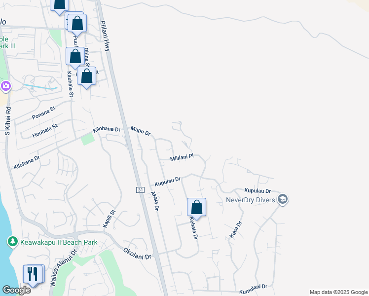 map of restaurants, bars, coffee shops, grocery stores, and more near 3136 Makamae Place in Kihei