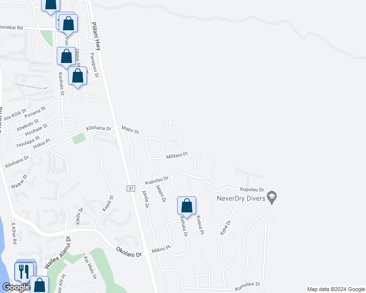map of restaurants, bars, coffee shops, grocery stores, and more near 3145 Makamae Place in Kihei