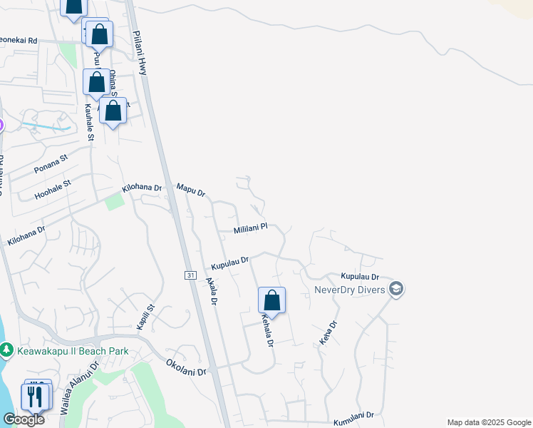 map of restaurants, bars, coffee shops, grocery stores, and more near 3145 Makamae Place in Kihei
