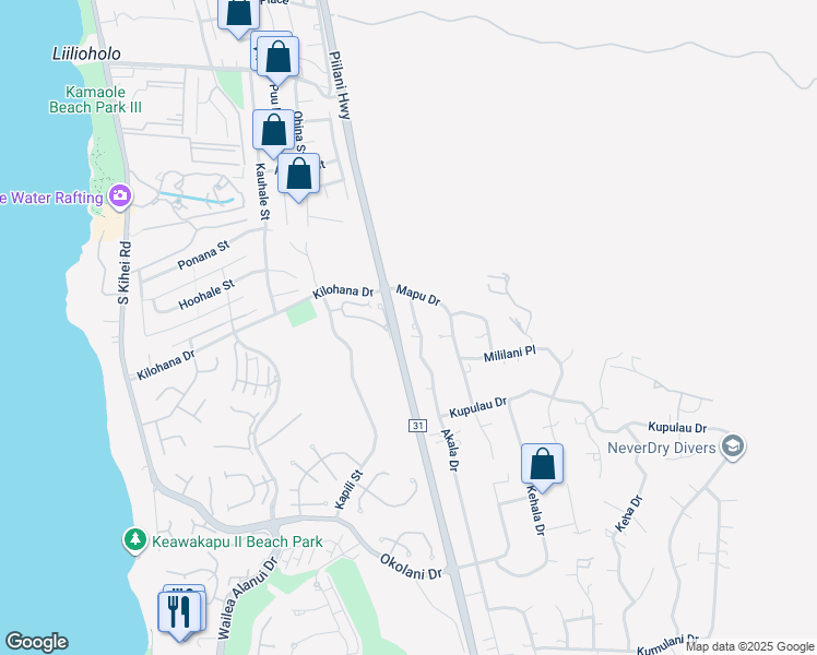 map of restaurants, bars, coffee shops, grocery stores, and more near 3090 Akala Drive in Kihei