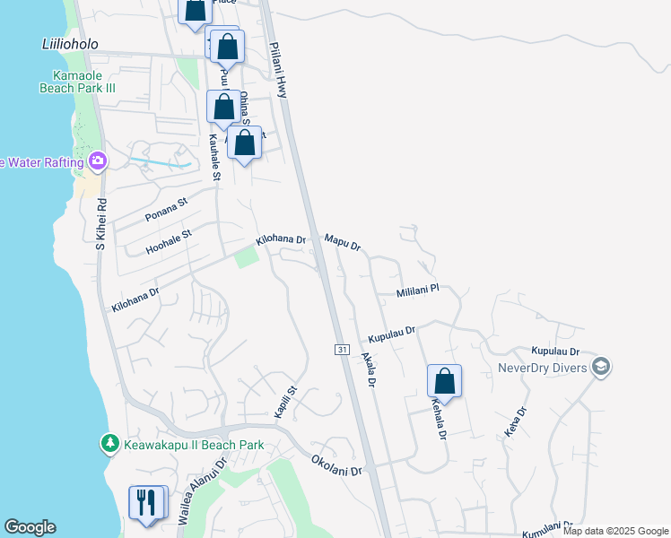 map of restaurants, bars, coffee shops, grocery stores, and more near 3090 Akala Drive in Kihei