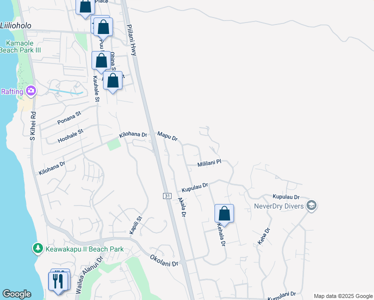 map of restaurants, bars, coffee shops, grocery stores, and more near 3129 Mapu Drive in Kihei