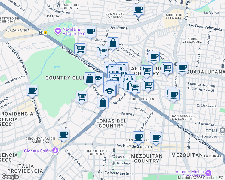 map of restaurants, bars, coffee shops, grocery stores, and more near 2131 Mar Marmara in Guadalajara