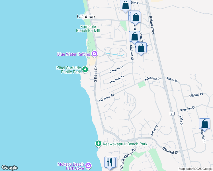 map of restaurants, bars, coffee shops, grocery stores, and more near 28 Hoohale Street in Kihei