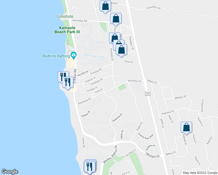 map of restaurants, bars, coffee shops, grocery stores, and more near 180 Hokai Place in Kihei