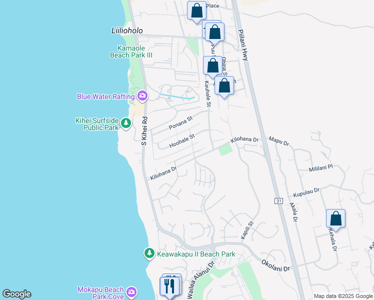 map of restaurants, bars, coffee shops, grocery stores, and more near 89 Hoolapa Street in Kihei