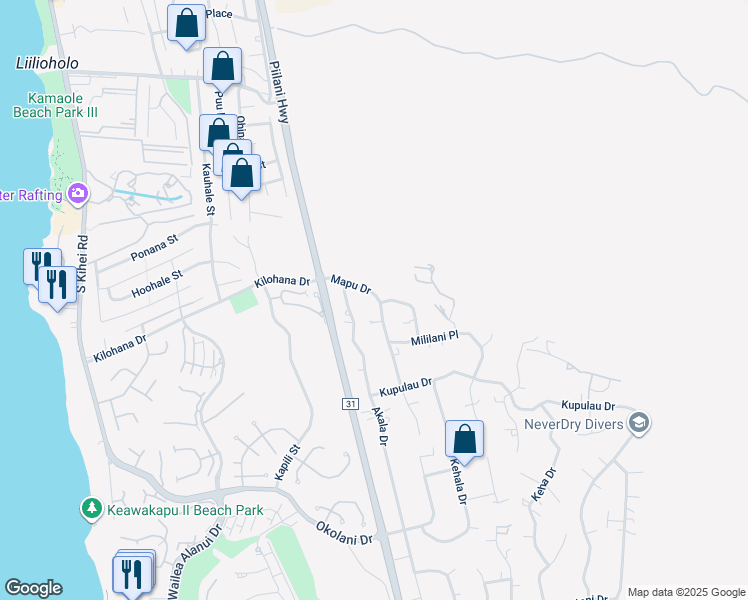 map of restaurants, bars, coffee shops, grocery stores, and more near 3100 Mapu Drive in Kihei