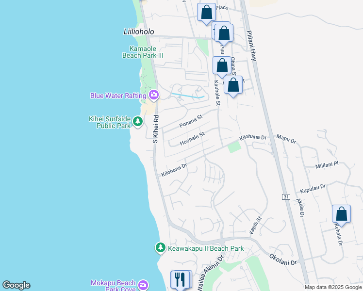 map of restaurants, bars, coffee shops, grocery stores, and more near 50 Hoohale Street in Kihei
