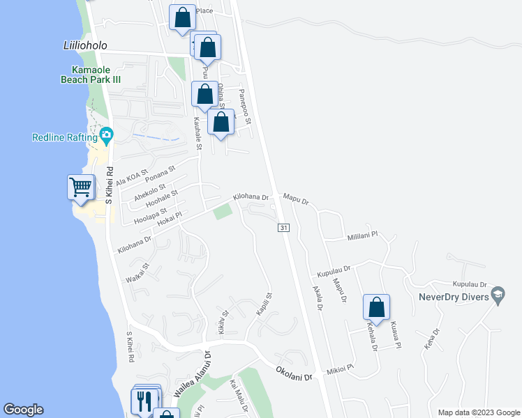 map of restaurants, bars, coffee shops, grocery stores, and more near 8 Poailani Place in Kihei