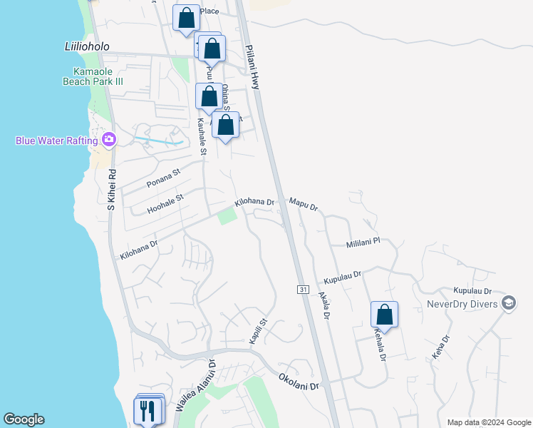 map of restaurants, bars, coffee shops, grocery stores, and more near 92 Poailani Place in Wailea-Makena