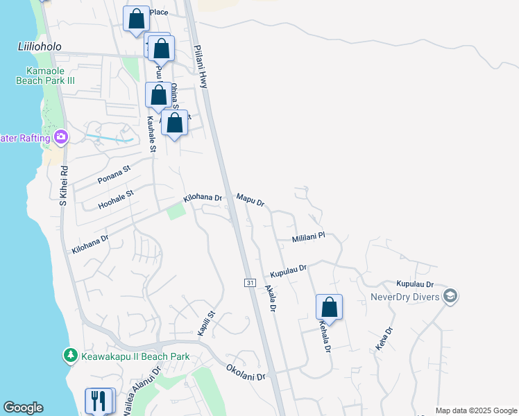 map of restaurants, bars, coffee shops, grocery stores, and more near 3088 Mapu Drive in Kihei