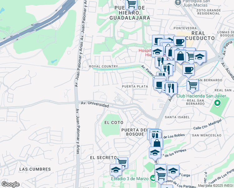 map of restaurants, bars, coffee shops, grocery stores, and more near 1000 Avenida Universidad in Zapopan