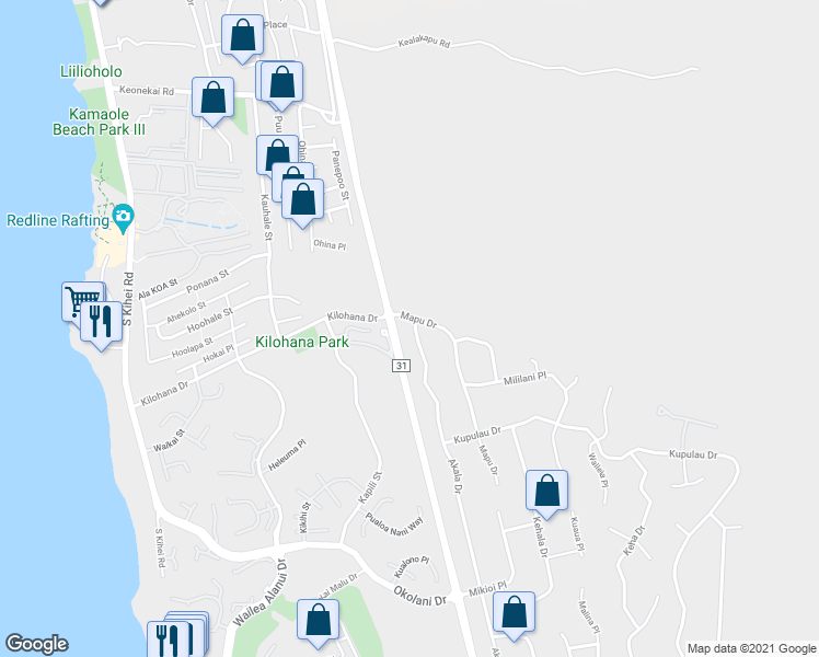 map of restaurants, bars, coffee shops, grocery stores, and more near 3056 Akala Drive in Kihei