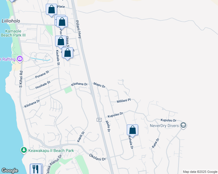 map of restaurants, bars, coffee shops, grocery stores, and more near 3109 Mapu Drive in Kihei