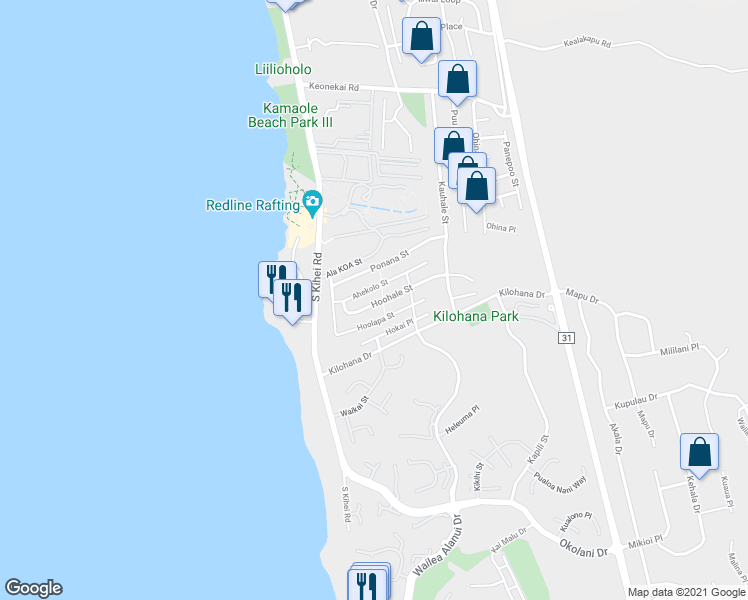 map of restaurants, bars, coffee shops, grocery stores, and more near 61 Hoohale Street in Kihei