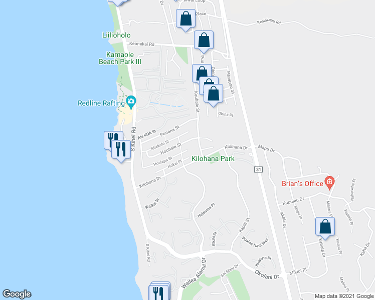 map of restaurants, bars, coffee shops, grocery stores, and more near 66 Ho'olapa Place in Kihei