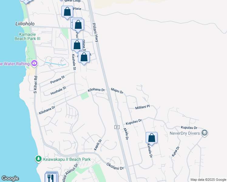 map of restaurants, bars, coffee shops, grocery stores, and more near 3038 Mapu Drive in Kihei