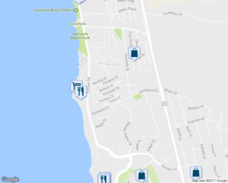 map of restaurants, bars, coffee shops, grocery stores, and more near 104 Hoohale Street in Kihei