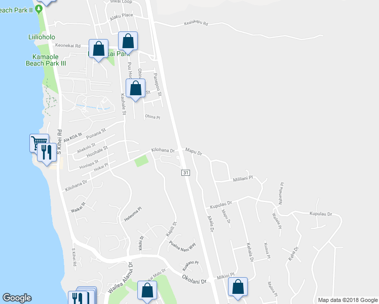 map of restaurants, bars, coffee shops, grocery stores, and more near 3038 Mapu Drive in Kihei