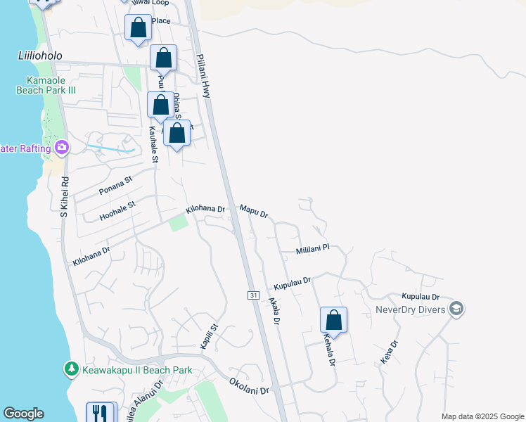 map of restaurants, bars, coffee shops, grocery stores, and more near 3077 Mapu Drive in Kihei